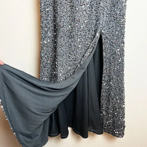 Faeriesty Silver Gray Sequin Formal Gown Bodycon Oversized Ruffle Sleeves Sz 3XL - Picture 3 of 12